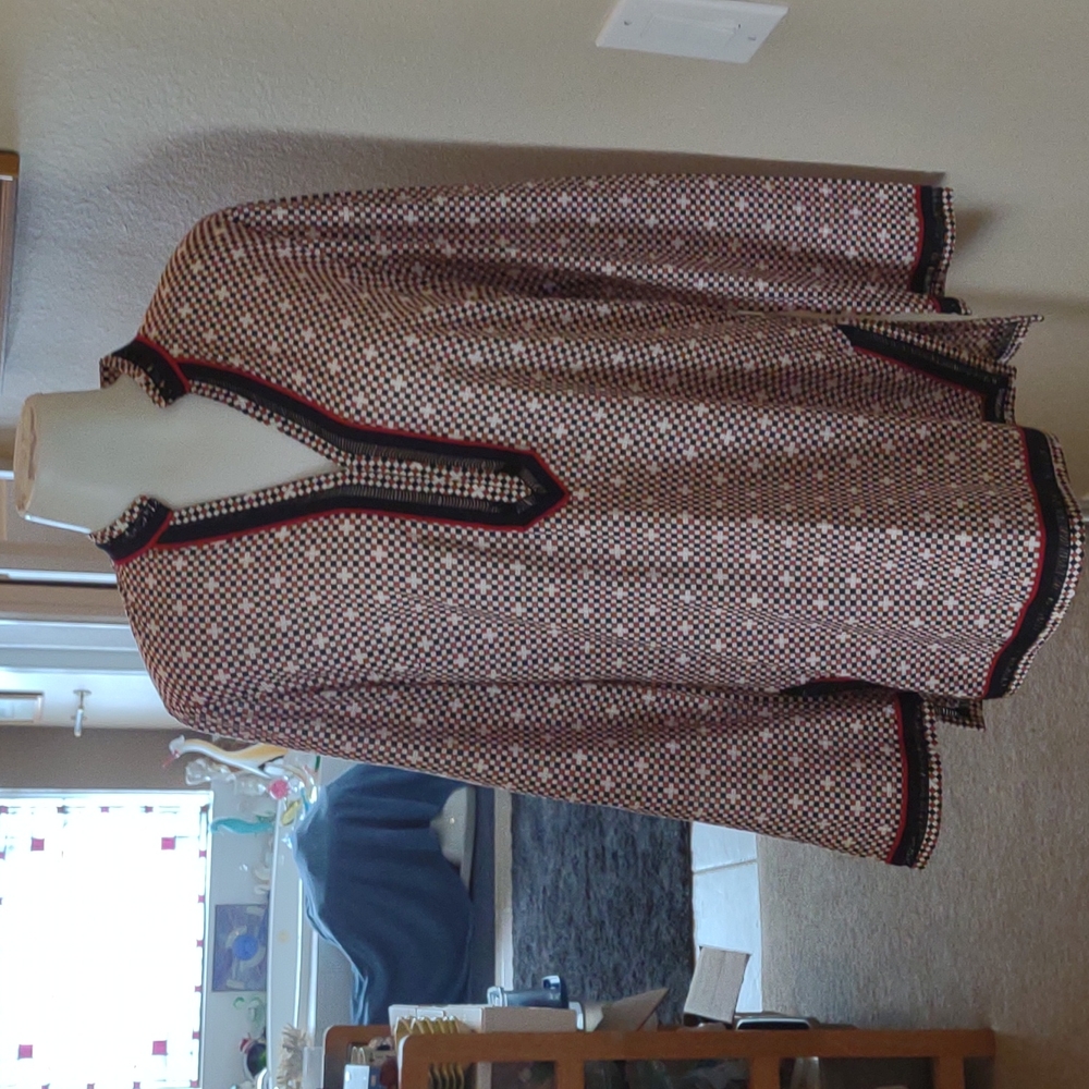 Tory Burch Cotton Tunic Lightweight Navy Red Oatmeal Ribbon Side Zip size 10
